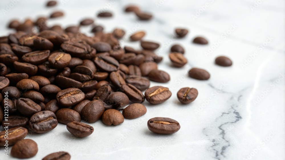 Naklejka premium Close-up of roasted coffee beans scattered on a marble countertop, macro photography, granite surface, coffee beans arrangement