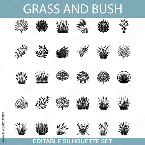 Editable Grass and Bush Silhouettes Nature, Plants, Landscape Design Set