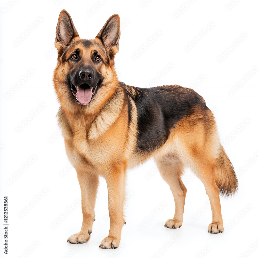 Portrait of a Happy and Alert German Shepherd Dog, Standing Against a Clean White Background Portrait of a Happy and Alert German Shepherd Dog, Standing Against a Clean White Background