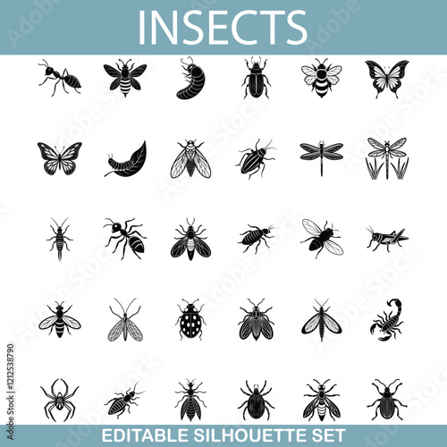 Editable Insect Silhouettes Ants, Bees, Butterflies, Beetles, and More