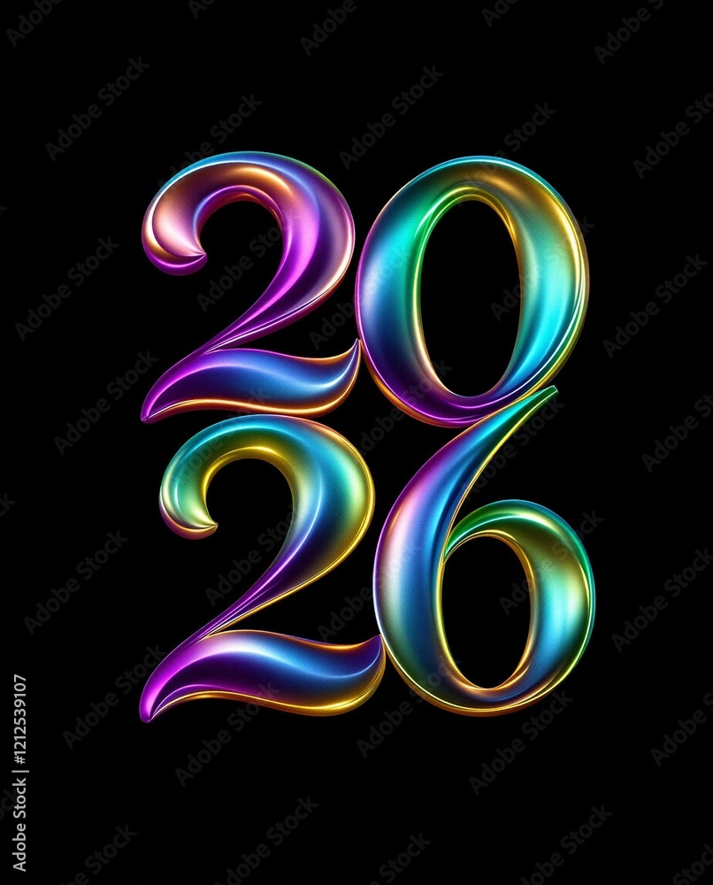 New year metallic 2026 in vibrant multi color hues on a black background. New year metallic 2026 in vibrant multi color hues on a black background.