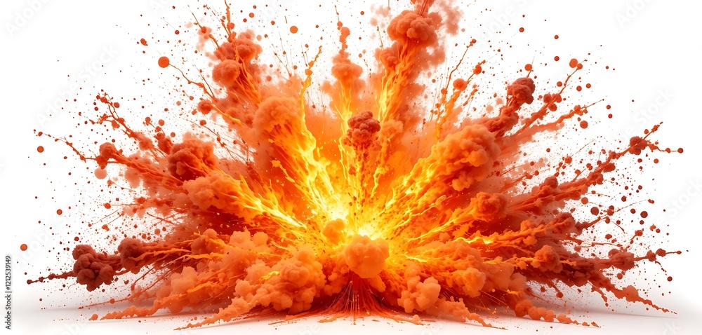 Fiery Orange Explosion Cloud Burst Against White Background Fiery Orange Explosion Cloud Burst Against White Background