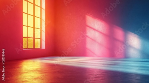 Sunlit room with glowing pink and orange light streaming through windows