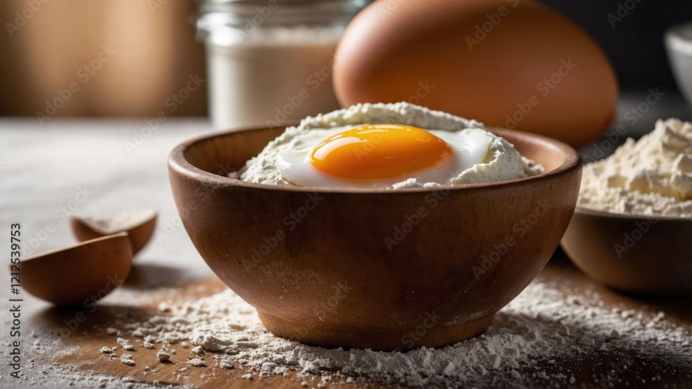 A wooden bowl containing an egg yolk surrounded by flour, suggesting baking preparation. A wooden bowl containing an egg yolk surrounded by flour, suggesting baking preparation.