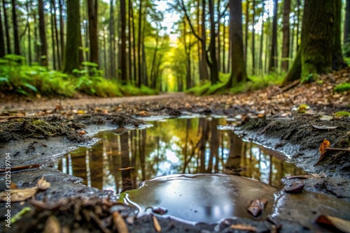 A puddle of gray goo forms on a damp forest floor, leaves, woodland, forest