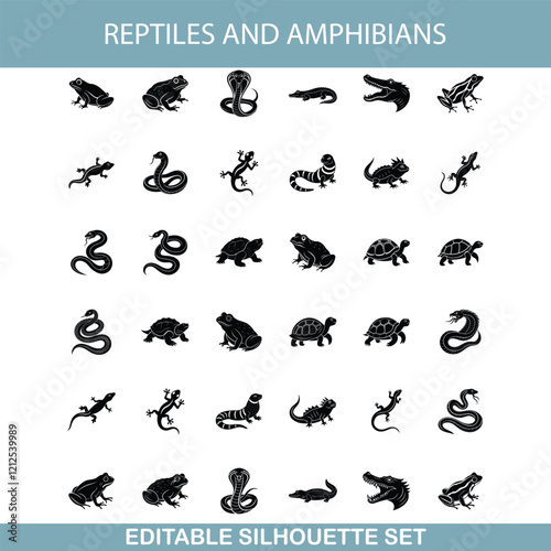 Reptiles and Amphibians Editable Silhouette Set of Diverse Species