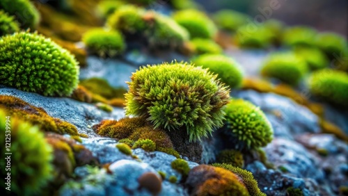 Close-up shot of delicate, intricately patterned moss growths on a smooth rock surface, fungal network, moss growth photo