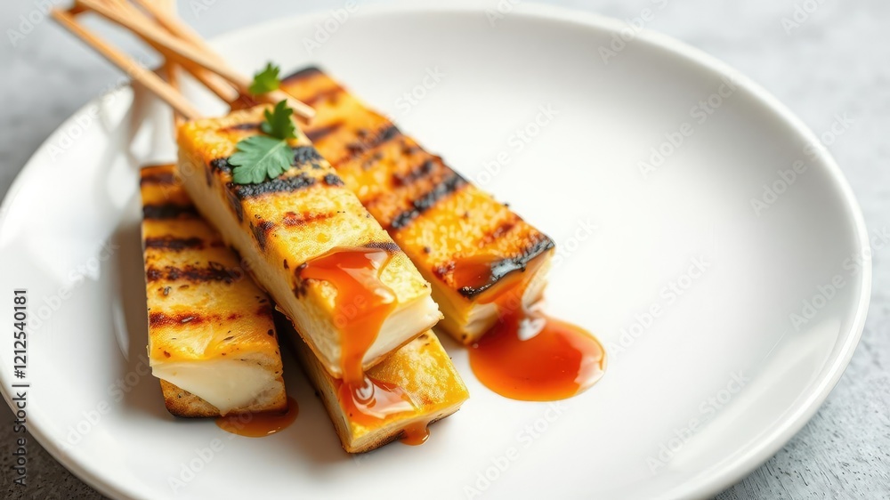 Close-up shot of grilled cheese skewers on a white plate with a drizzle of sweet and sour sauce, dipping sauce, paneer cheese, white plate Close-up shot of grilled cheese skewers on a white plate with a drizzle of sweet and sour sauce, dipping sauce, paneer cheese, white plate