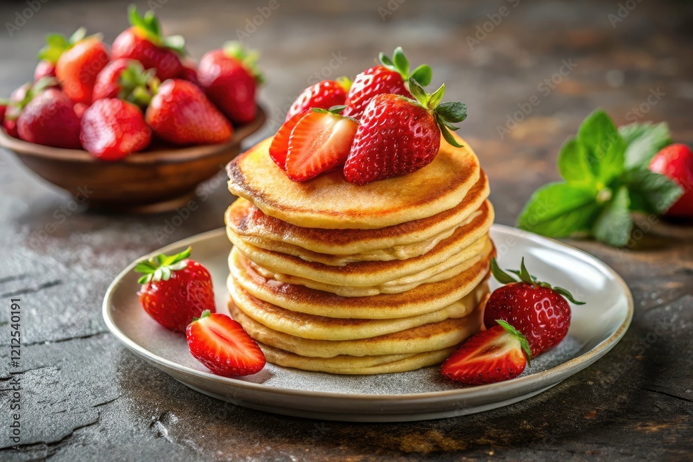 Rustic grey backdrop showcases plump strawberries atop fluffy, golden pancakes. Rustic grey backdrop showcases plump strawberries atop fluffy, golden pancakes.