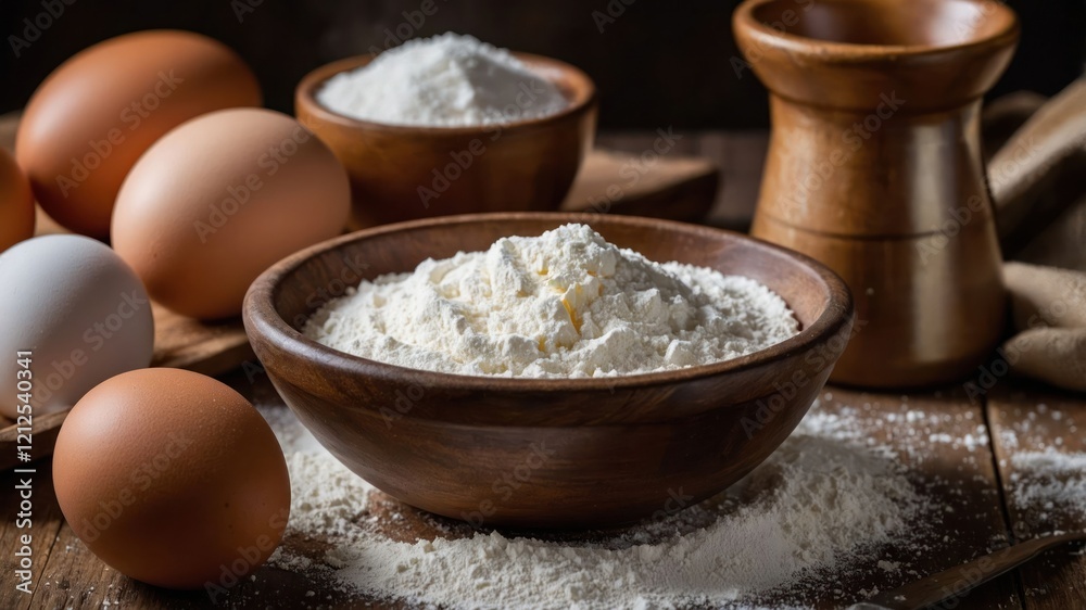 A rustic arrangement of eggs and flour, ideal for baking and cooking. A rustic arrangement of eggs and flour, ideal for baking and cooking.