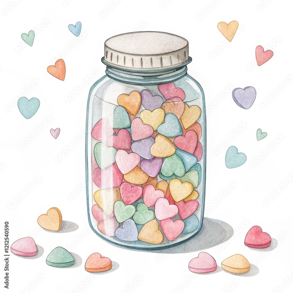 A glass jar filled with colorful heart-shaped candies, surrounded by scattered hearts, evoking a sense of love and sweetness. A glass jar filled with colorful heart-shaped candies, surrounded by scattered hearts, evoking a sense of love and sweetness.