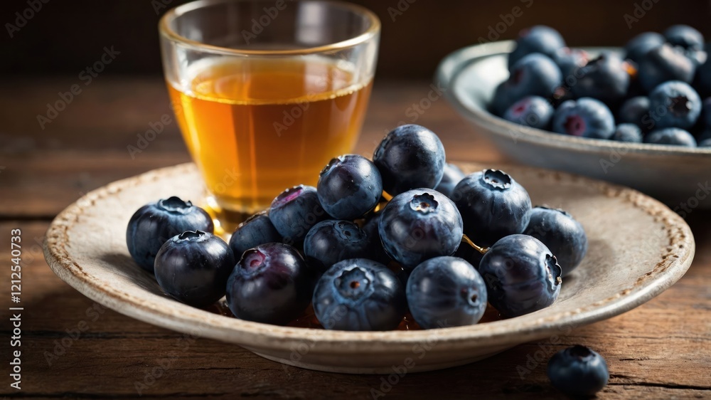 A plate of fresh blueberries alongside a glass of amber liquid on a wooden surface. A plate of fresh blueberries alongside a glass of amber liquid on a wooden surface.
