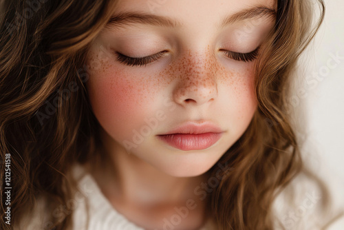 Girl with plumped lips looking down, creating a soft and subtle effect photo