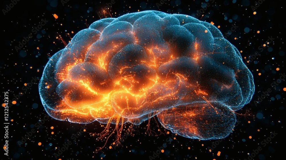 Brainpower Ignition: A mesmerizing 3D rendering of a human brain ablaze with fiery energy, sparks radiating outward against a dark cosmic backdrop. This image symbolizes brilliance, innovation. Brainpower Ignition: A mesmerizing 3D rendering of a human brain ablaze with fiery energy, sparks radiating outward against a dark cosmic backdrop. This image symbolizes brilliance, innovation.