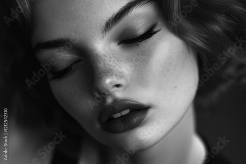 Girl with plumped lips looking down, creating a soft and subtle effect photo