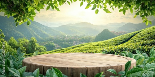 Natural Wooden Desk Setting with Soothing Tea Plantation Backdrop. Product display background, wood table, tea plantation, natural setting, green leaves