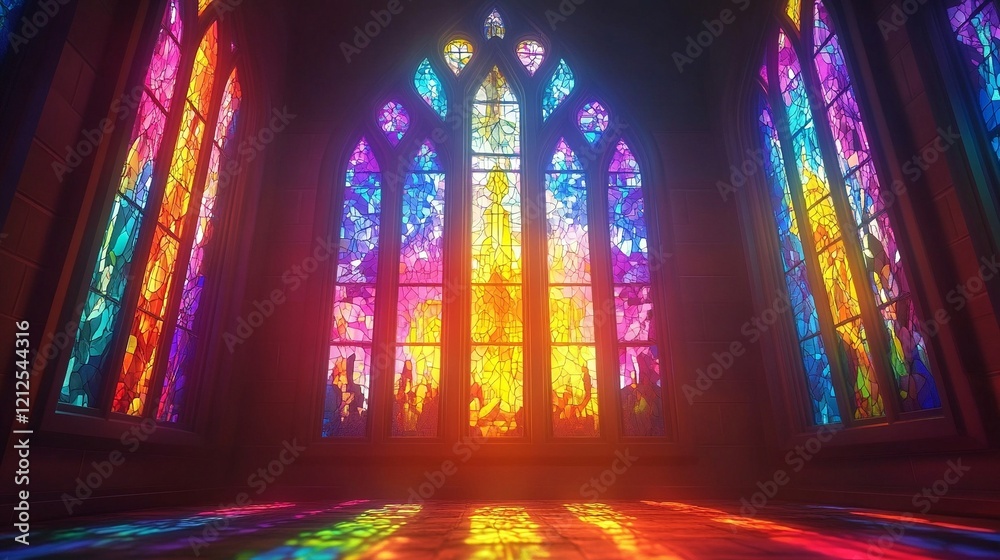 Obraz premium Stained glass window with vibrant abstract patterns reflecting colorful light into an interior space