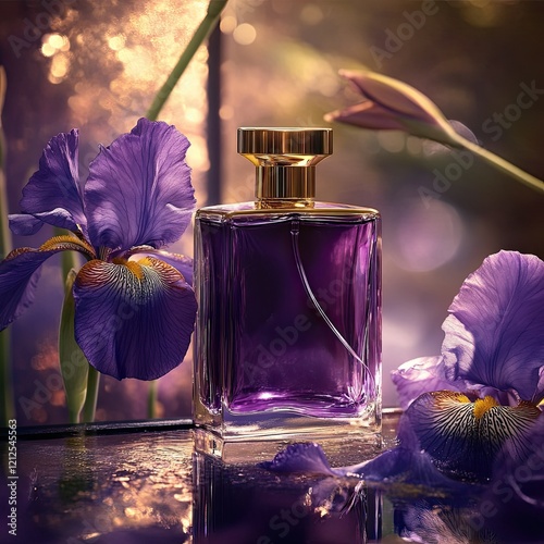 Elegant purple perfume bottle surrounded by irises indoor floral still life soft lighting atmosphere