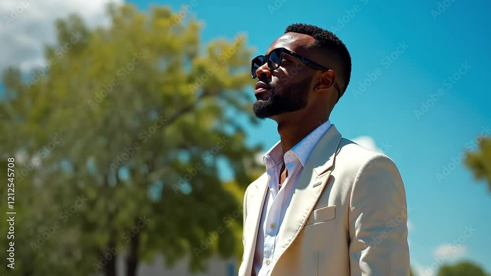 Stylish man wearing sunglasses and a white blazer under the bright sun with a blue sky and green trees Stylish man wearing sunglasses and a white blazer under the bright sun with a blue sky and green trees