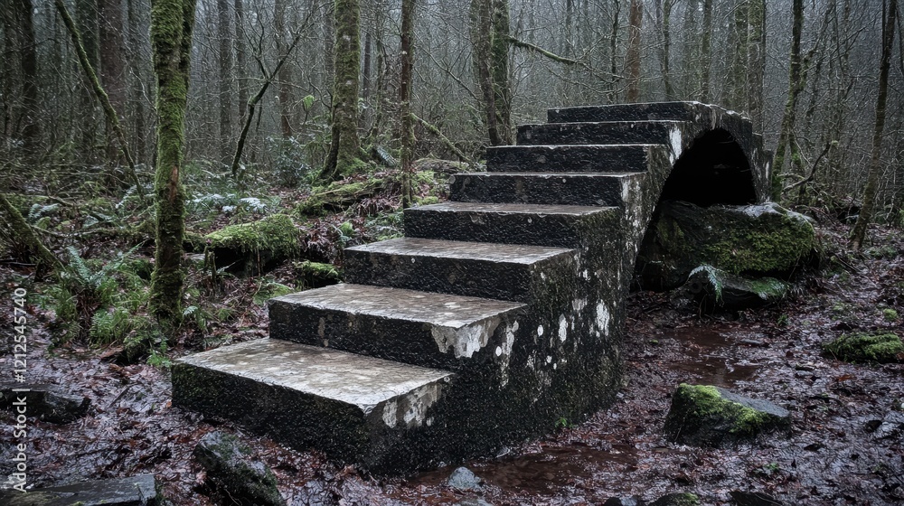 Mossy Stone Steps Arch Bridge in Winter Woodland Forest Landscape Mossy Stone Steps Arch Bridge in Winter Woodland Forest Landscape