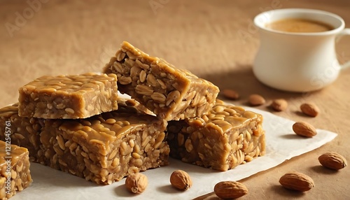 Peanut jaggery chikki or bar using groundnut or shengdana with gur,Directly above shot of food in plate on table,Punjab,photography, color image, food and drink, horizontal, no people, close-up,845 photo