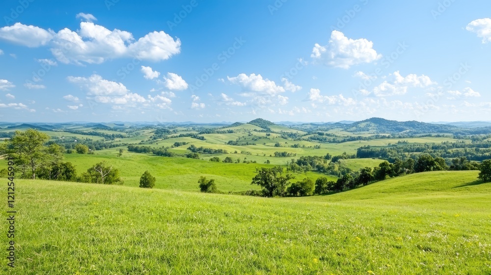 Sunny day, rolling green hills landscape, scenic view, idyllic countryside Sunny day, rolling green hills landscape, scenic view, idyllic countryside