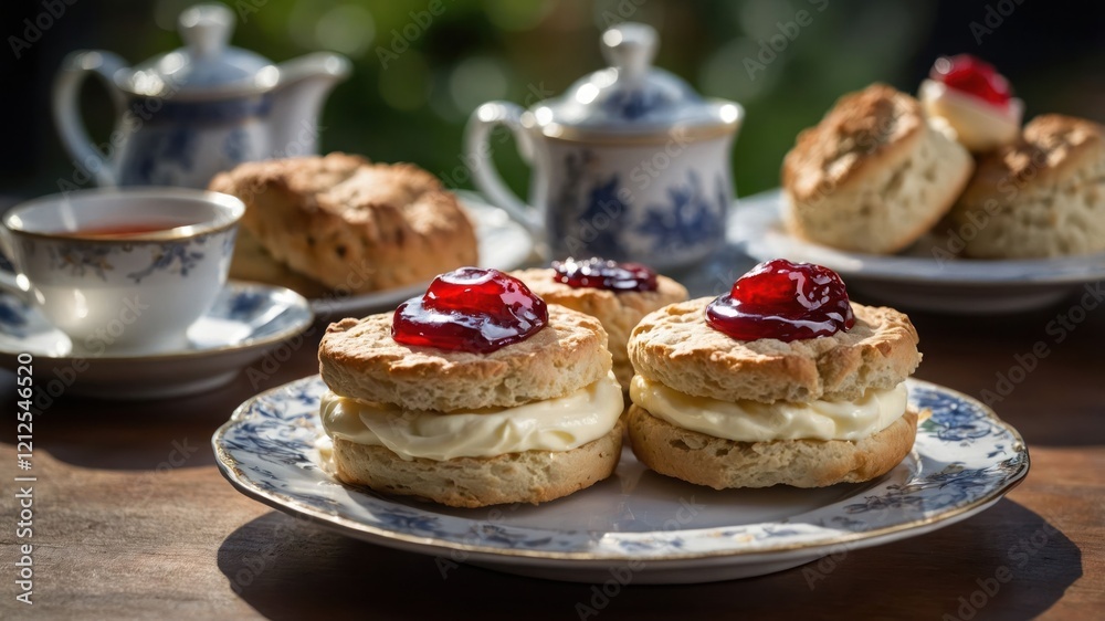 A delightful afternoon tea setting featuring scones with cream and jam, accompanied by tea. A delightful afternoon tea setting featuring scones with cream and jam, accompanied by tea.
