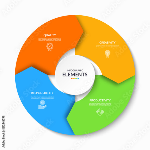 Circular infographic template divided into four colored sections. Perfect for business, education, marketing, visualizing data, simplifying complex information and making presentations more impactful.