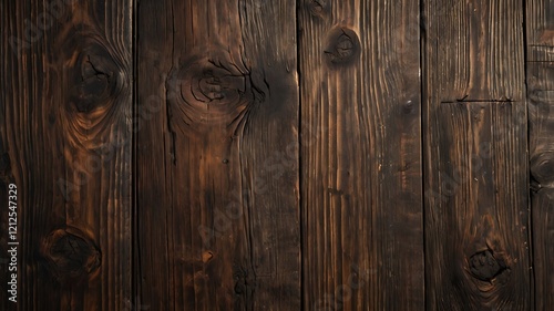 A close-up of aged wooden planks with intricate grain patterns, knots, and warm earthy tones photo