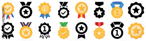 Set of winning award. Prize icons. Medal sign. Trophy reward, victory trophy signs depicting an award, victory cup achievement, winner medal and more. Vector illustration