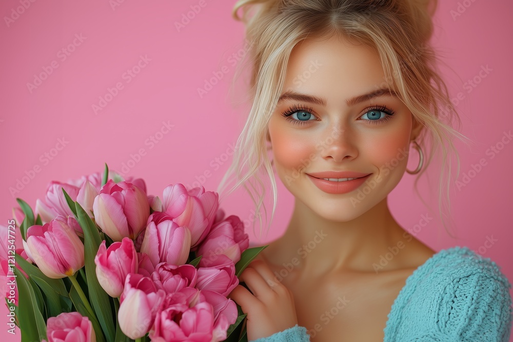 Gorgeous young lady feeling excited to receive bunch of tulips for Woman's Day on pink studio background. Lovely blonde getting bouquet of flowers for spring holiday. Festive concept Gorgeous young lady feeling excited to receive bunch of tulips for Woman's Day on pink studio background. Lovely blonde getting bouquet of flowers for spring holiday. Festive concept
