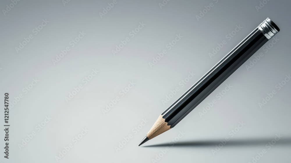 Black pencil on a light gray background, showcasing the sharpened tip and intricate design details for artistic and educational uses, minimalistic stationery concept Black pencil on a light gray background, showcasing the sharpened tip and intricate design details for artistic and educational uses, minimalistic stationery concept