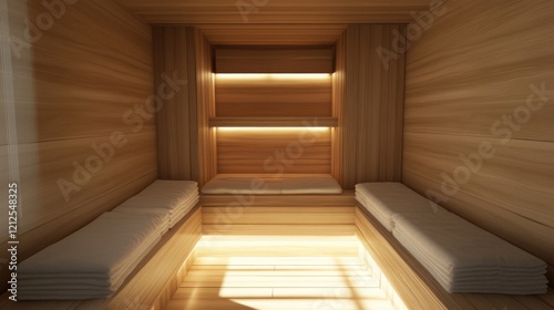 Wooden closet interior with soft lighting and clean lines  emphasizing minimalist decor