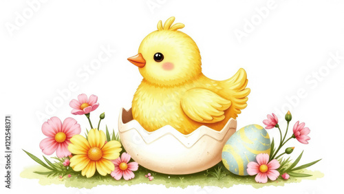 Watercolor illustration of an adorable little chicken in eggshells and flowers, Easter egg on grass on white background. Elements for design, printing, decoration, cards