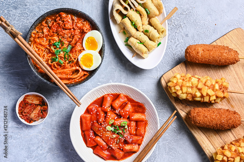 A variety of Korean street food including spicy tteokbokki, ramyeon with soft-boiled eggs, kimchi, fish cake skewers, and Korean corn dogs on a textured grey surface photo