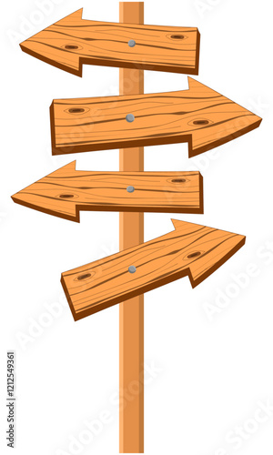 Wooden effect retro Signpost with arrows pointing in different directions, options or career/life choices concept, Cartoon wood texture isolated on a white or transparent background photo