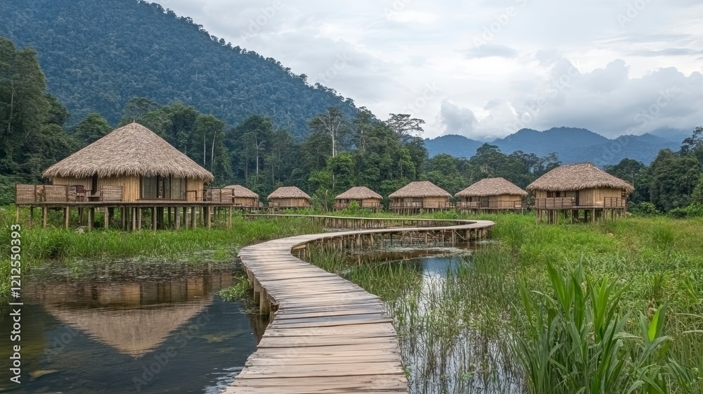 Fototapeta premium Serene Overwater Bungalows Wooden Walkway in Lush Tropical Rainforest Landscape
