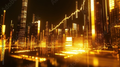 Elegant D render of a gold business growth chart featuring reflective golden bars, an upward trend line, and glowing prosperity symbols. photo