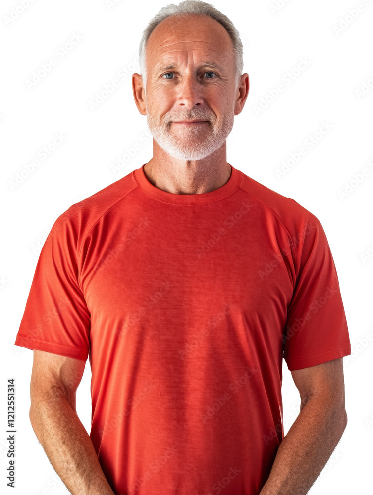 A man with white hair and beard wearing an orange t-shirt A man with white hair and beard wearing an orange t-shirt