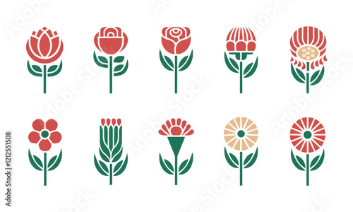 Stylized Floral Vector Set - Minimalist Decorative Flowers in Red and Green