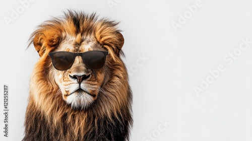 Cool lion wearing sunglasses against white background. photo