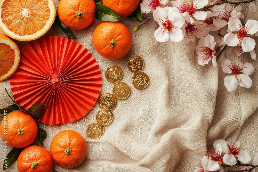 Fototapeta premium Beautiful Chinese New Year decorations with oranges and gold coins on display