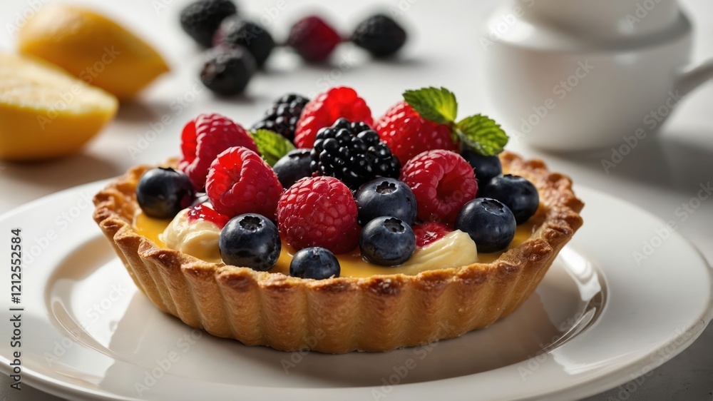 A delicious fruit tart topped with assorted berries and mint leaves, served on a white plate. A delicious fruit tart topped with assorted berries and mint leaves, served on a white plate.