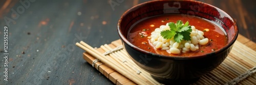 Sleek chopsticks rest on bamboo mat beside soy-filled bowl , condiment, bowl photo