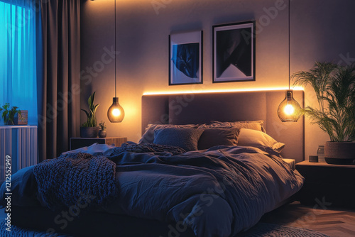 Bedroom setup emphasizing quality sleep with dim lighting and cozy bedding photo