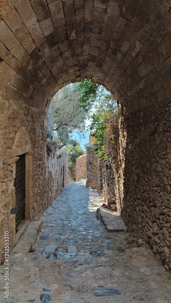 Obraz premium The scenic old fortress town of Monemvasia on the mainland in Greece