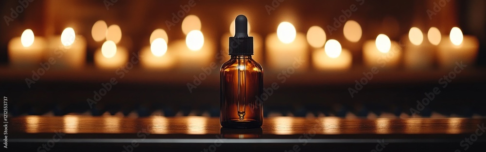 A minimalist glass dropper bottle on a piano with warm candlelight bokeh. Ideal for luxury skincare, beauty ads, and elegant product visuals. A minimalist glass dropper bottle on a piano with warm candlelight bokeh. Ideal for luxury skincare, beauty ads, and elegant product visuals.
