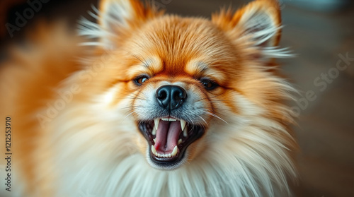 Furious Pomeranian Spitz dog grin. Funny decorative canine barking photo