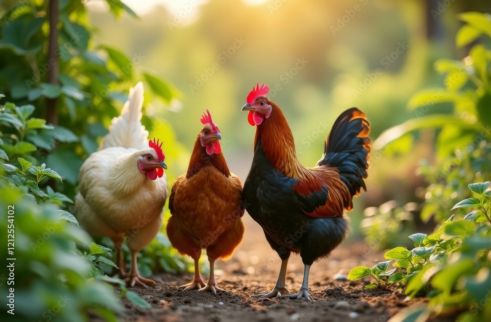 Fototapeta premium Three colorful farm chickens, including a rooster, hen, and white chicken, standing in a sunlit garden surrounded by lush green plants, emphasizing rural farm life