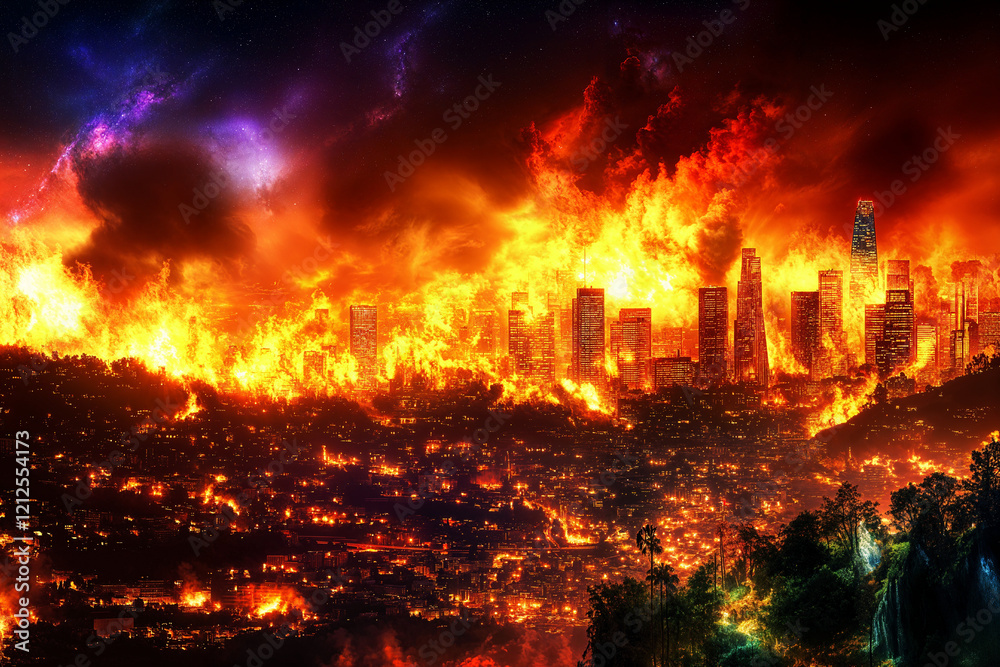A city on fire. The neighborhood is engulfed in flames, and the embers illuminate the thick smoke filling the sky A city on fire. The neighborhood is engulfed in flames, and the embers illuminate the thick smoke filling the sky